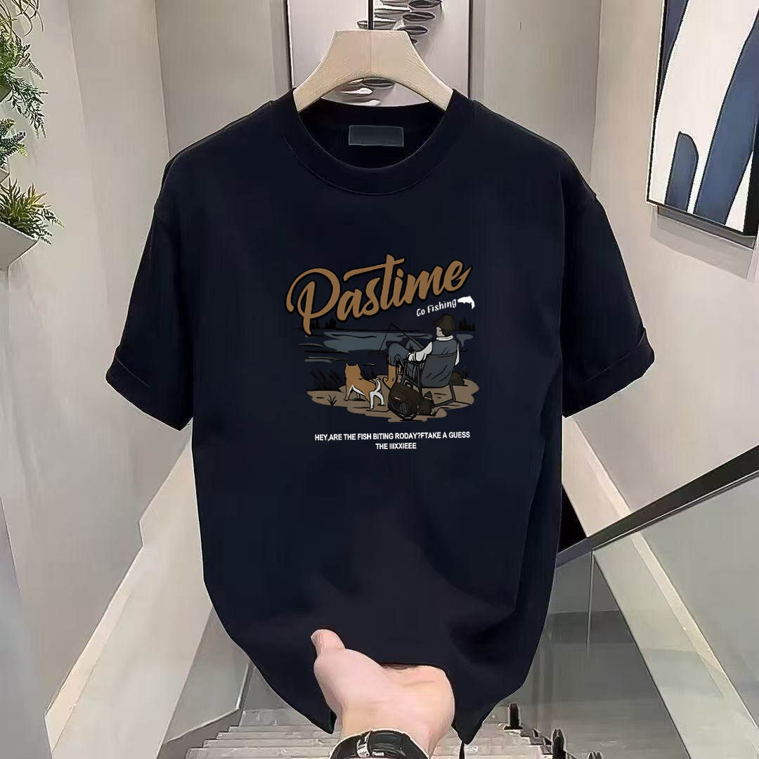美式男士短袖t恤钓鱼人印花夏季ins潮牌圆领宽松痞帅五分袖上衣服