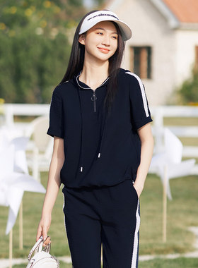 歌蒂诗夏季专柜新款宽松舒适休闲运动连帽短袖小衫 1E23S1019