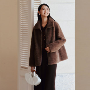 气质咖啡色100%绵羊毛外套 时尚 8E42C0928 专柜新款 歌蒂诗冬季