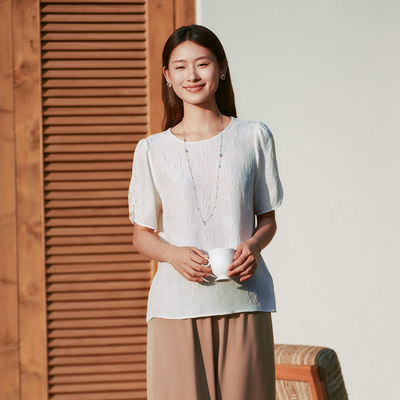 歌蒂诗夏专柜新款简约知性100%桑蚕丝袖口褶皱短袖 1F22S1256