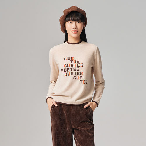 歌蒂诗100%羊毛衫专柜新款打底衫宽松舒适印花针织衫女1E42Z1663