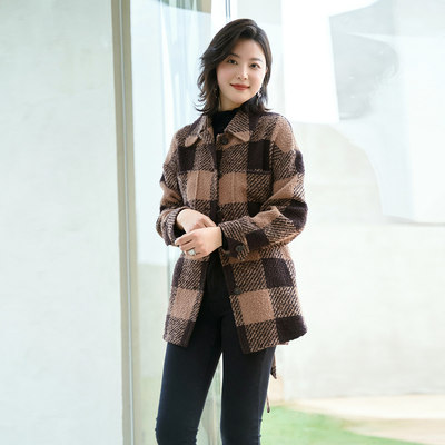 歌蒂诗【含羊毛呢子】春季专柜款经典格纹中长毛呢外套 8C33W6712