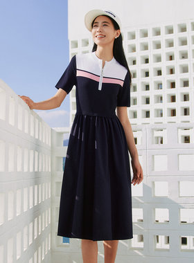 歌蒂诗夏专柜新款时尚撞色拉链立领收腰显瘦连衣裙 1F23L3517