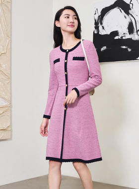 【柳哥严选】歌蒂诗冬季时尚轻奢粉色小香风名媛连衣裙 1D41L1516