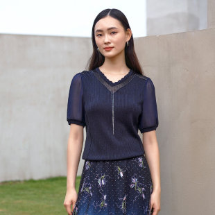 饰短袖 歌蒂诗夏季 简约性感v领流苏装 经典 女1C21Z1522 专柜新款