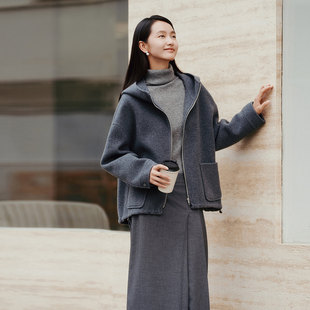 8E41D0562 简约高级灰100%羊毛连帽短大衣 歌蒂诗冬季 专柜新款