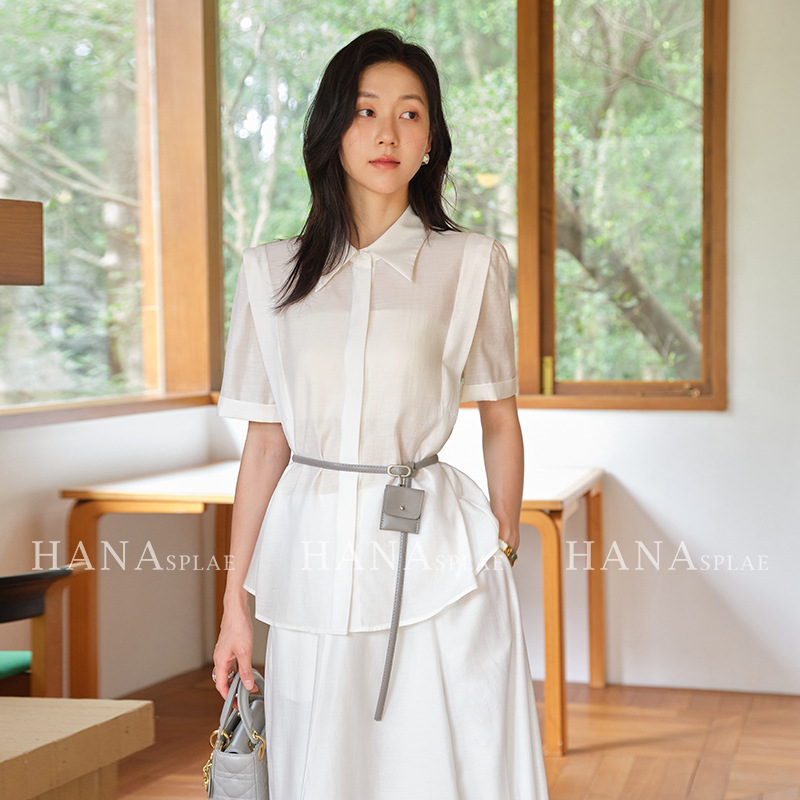 广州女装十三行夏季2025新款醋酸衬衫女感短袖翻领上衣h17765