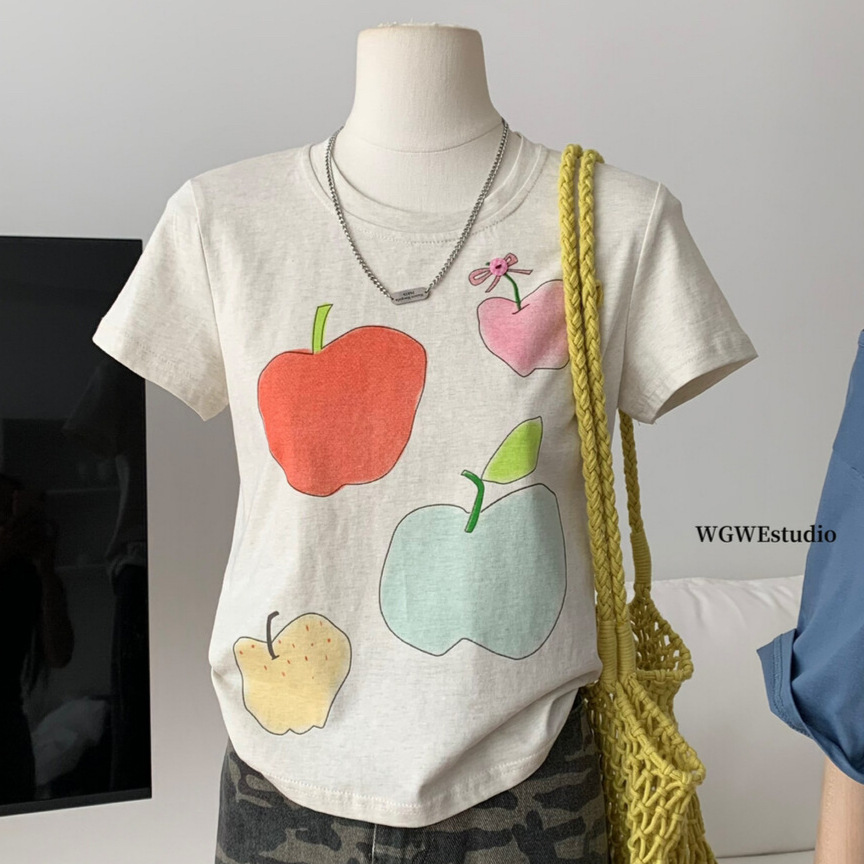 WGWE夏季女时尚韩系苹果蜡笔画印花百搭显瘦洋气圆领短袖T恤