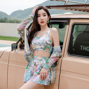 2024新款大码泳衣女罩衫保守长袖防晒运动三件套分体裙式显瘦遮肚