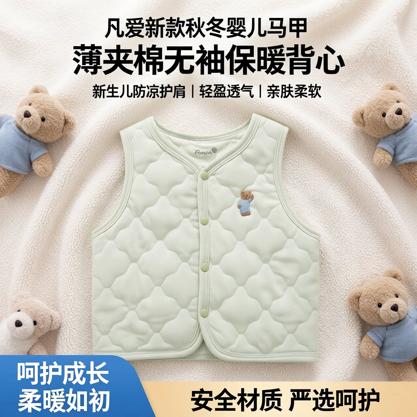 凡爱新款秋冬婴儿马甲薄夹棉无袖上衣保暖背心新生儿夹棉防凉护肩