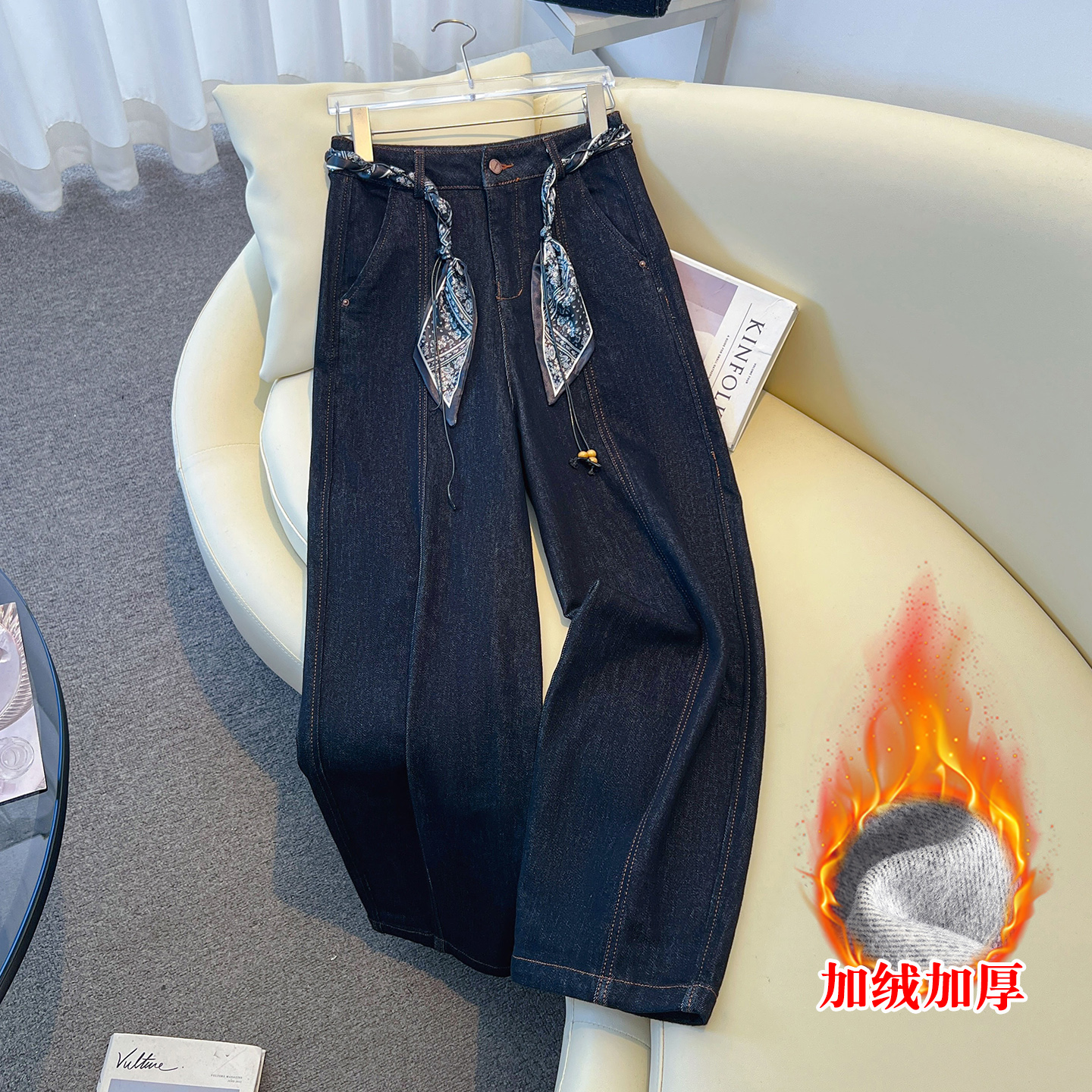 丹宁蓝阔腿牛仔裤女2025秋冬新款高腰显瘦宽松直筒裤加绒加厚长裤