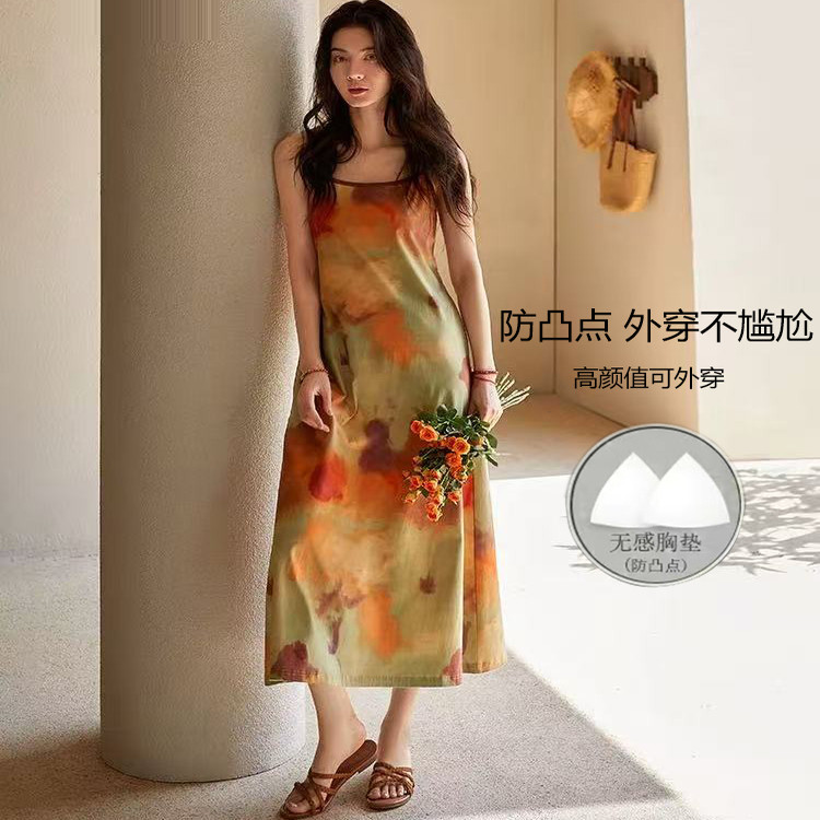 100%纯棉带胸垫吊带睡裙女士夏季扎染油画薄款高级感可外穿连衣裙
