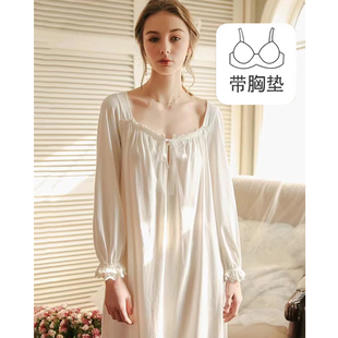 带胸垫一体睡裙女士春秋季纯棉长袖甜美公主风宽松纯欲休闲连衣裙