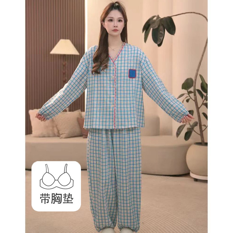 100%纯棉带胸垫睡衣女春秋款长袖长裤韩版格子宽松外穿家居服套装