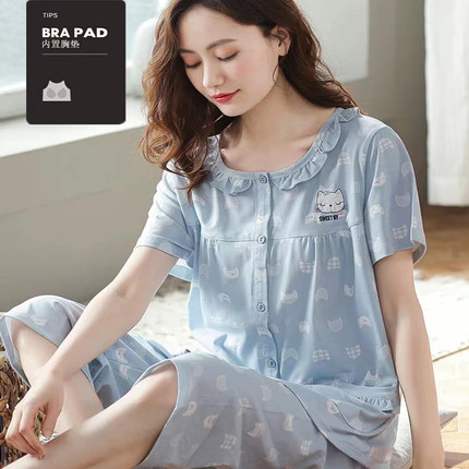100%纯棉带胸垫睡衣女夏季短袖七分裤卡通大码中年家居服外穿套装