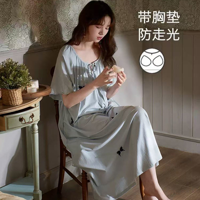 100%纯棉带胸垫睡裙女士夏季短袖甜美公主风宽松孕妇可外穿连衣裙