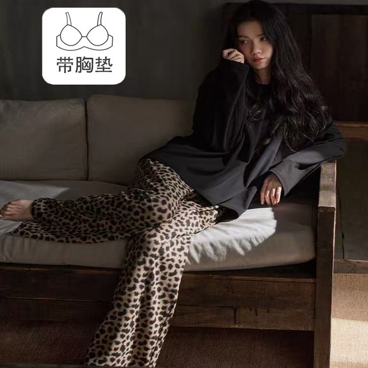 带胸垫睡衣女春秋季棉质长袖长裤韩版豹纹高颜值可外穿家居服套装