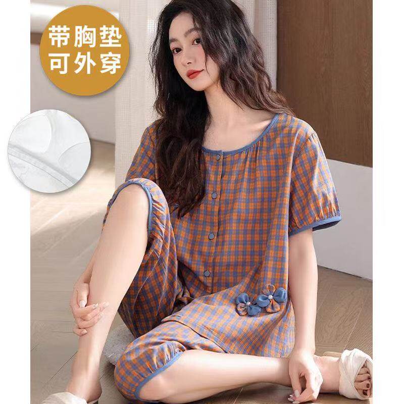 带胸垫睡衣女夏季梭织纯棉短袖七分裤开衫中年妈妈全棉家居服套装