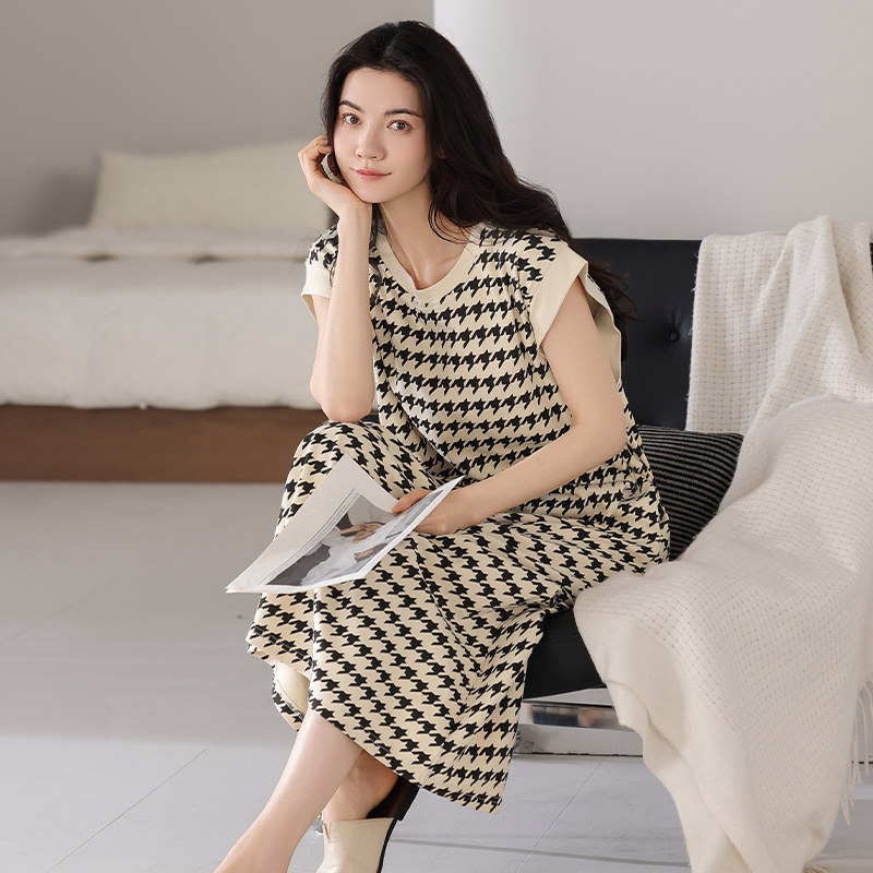 100%纯棉带胸垫睡裙女夏季无袖背心裙千鸟格薄款夏天可外穿连衣裙