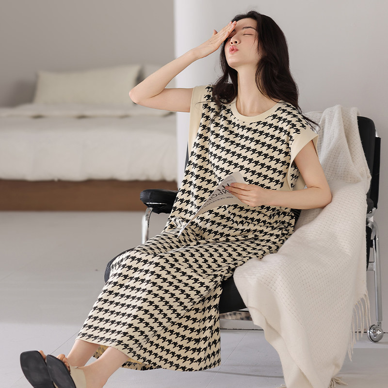 带胸垫纯棉夏季无袖背心韩版睡裙女条纹薄款宽松夏天可外穿连衣裙