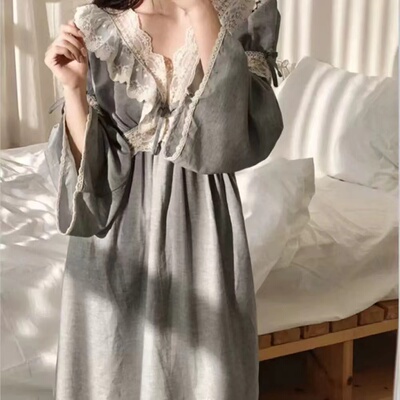 春秋季睡裙女蕾丝花边公主风韩版宽松高颜值休闲可外穿连衣裙睡衣