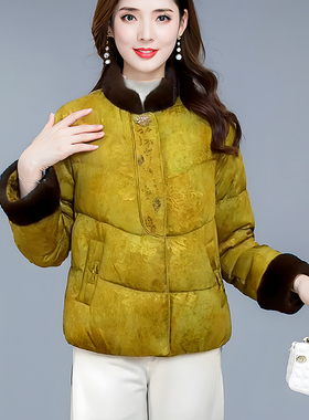 今年流行复古国风羽绒服女短款2025冬季新款黄色提花保暖鸭绒外套