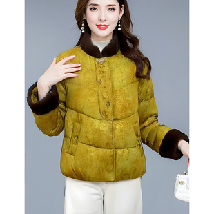 今年流行复古国风羽绒服女短款2025冬季新款黄色提花保暖鸭绒外套