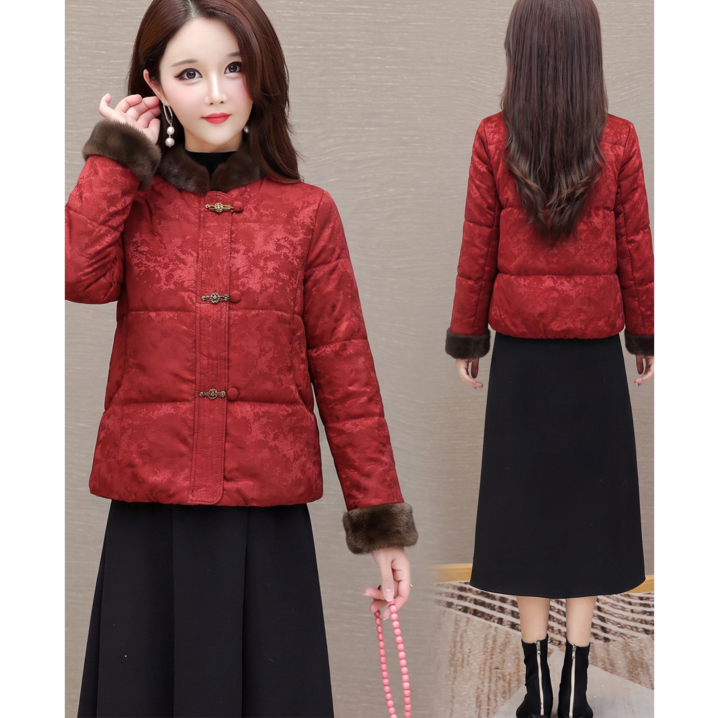 新款妈妈装红色喜庆棉服女新中式
