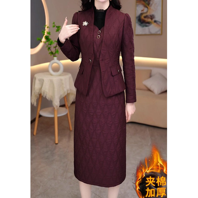 高档夹棉保暖连衣裙女两件套秋冬