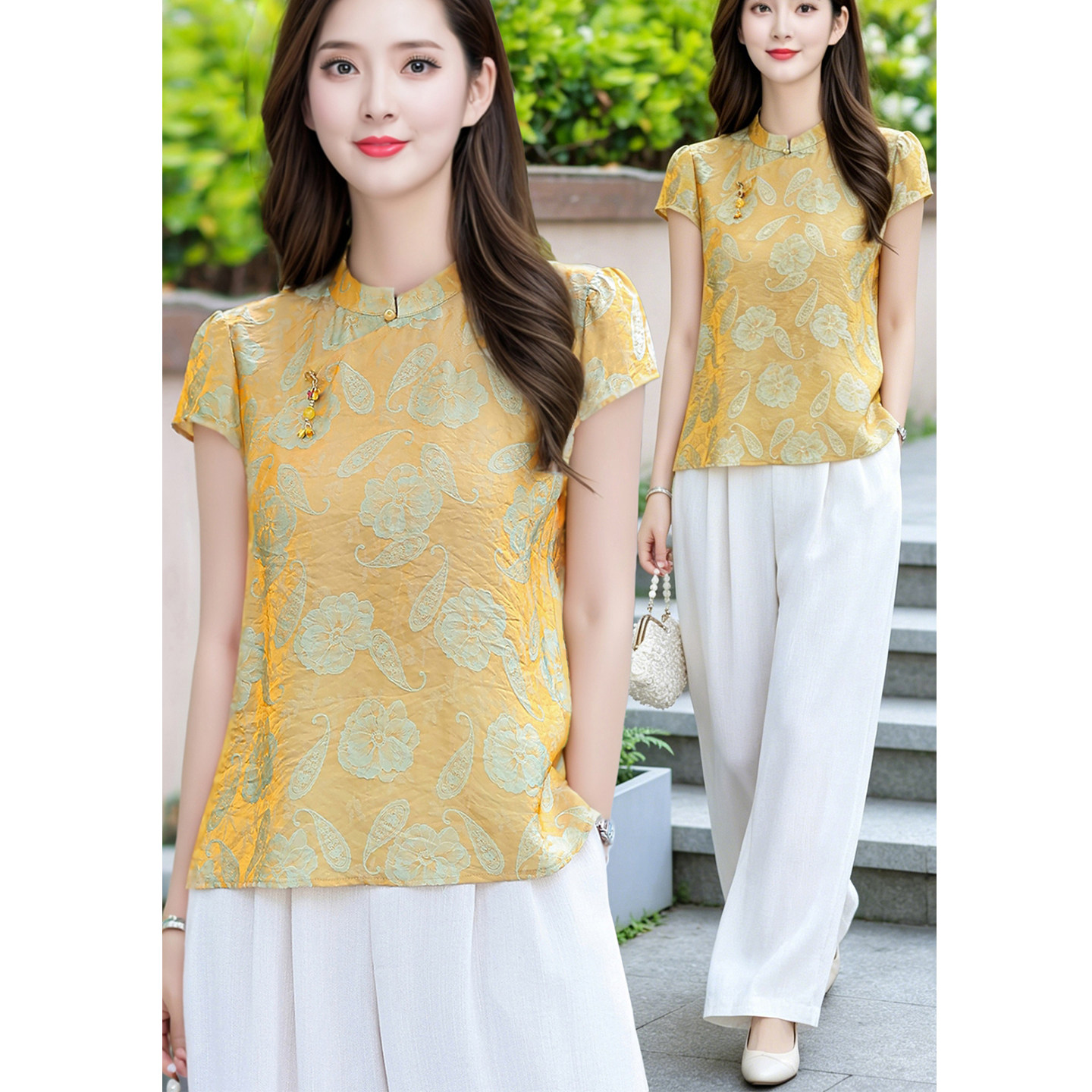 清爽显白新中式上衣女夏2026新款中年妈妈装改良旗袍国风短袖小衫