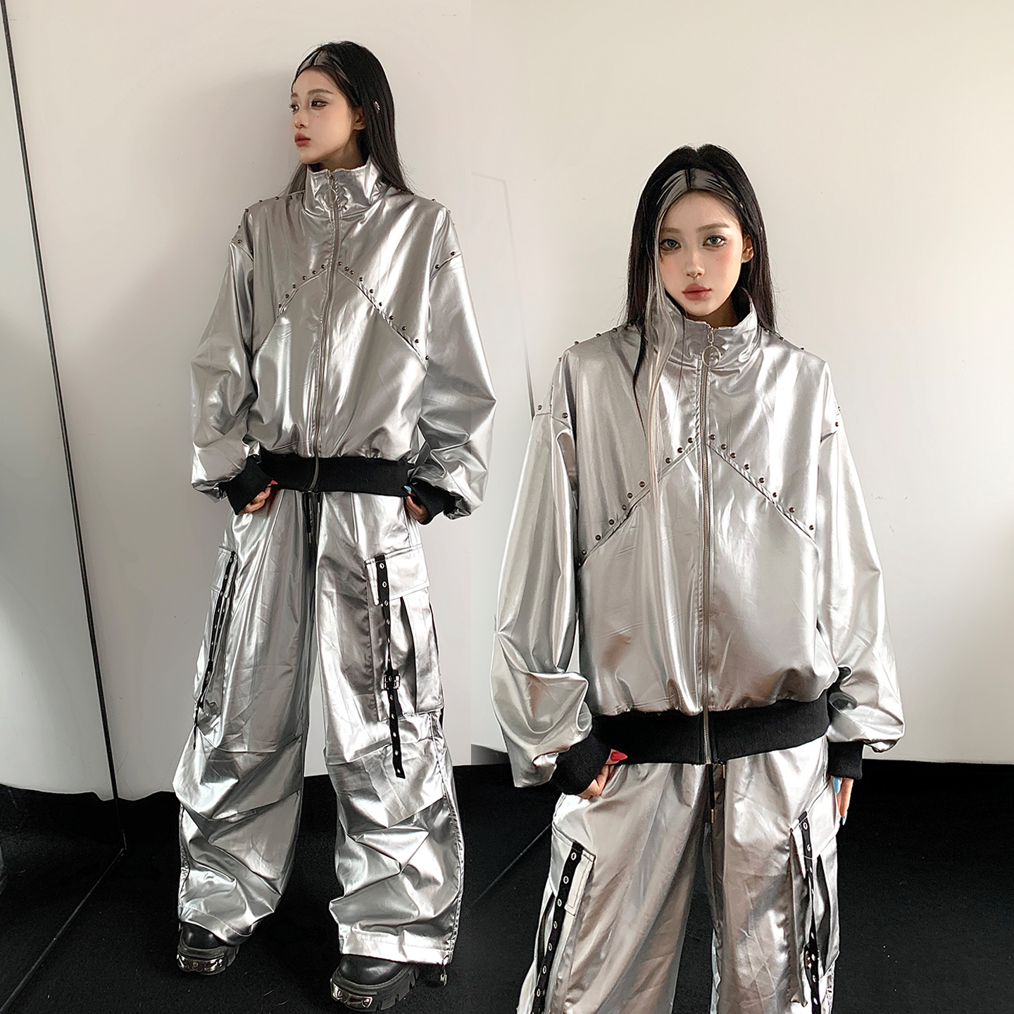 辣妹银色科技感外套工装裤套装