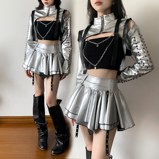 舞蹈服爵士kpop女团跳啦啦操健美操韩舞打歌服银色年会表演服套装