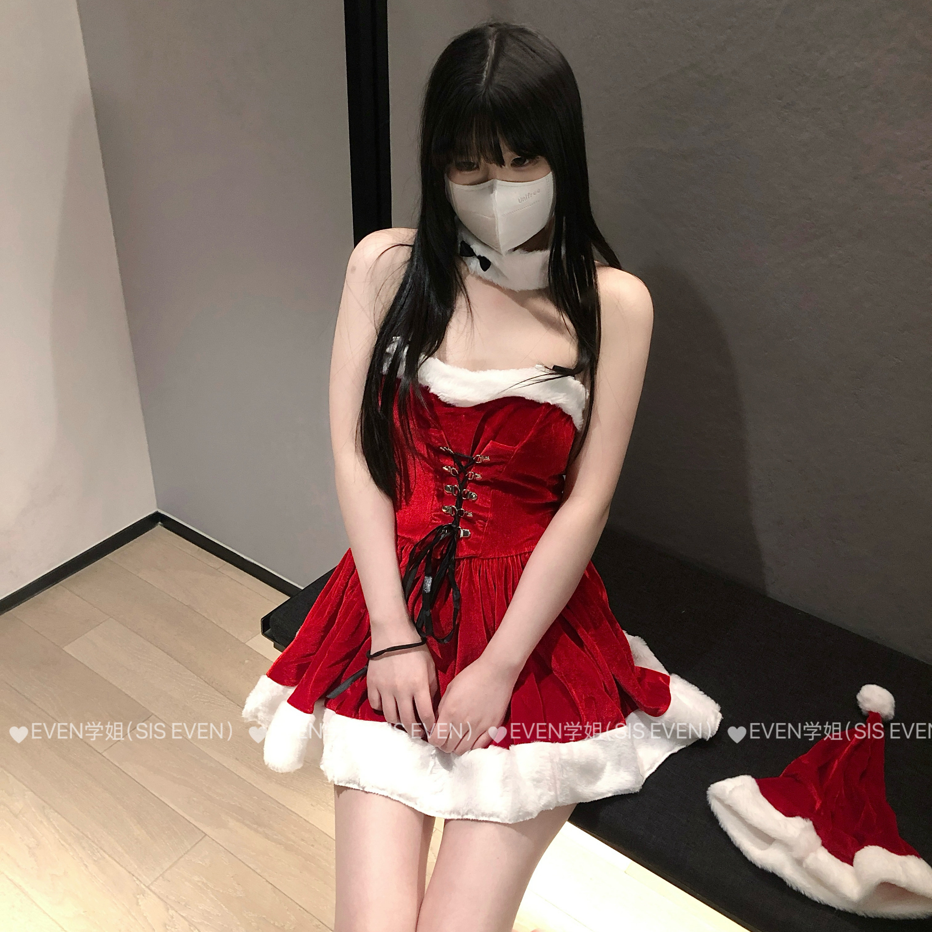 甜美圣诞战袍抹胸绑带连衣裙