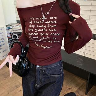 斜肩长袖T恤打底衫女2025秋季新款洋气高级感安哥红内搭修身上衣