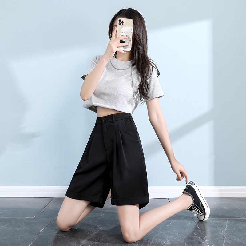 夏季西装薄款短裤女显瘦宽松垂感a字休闲高腰百搭四分阔腿西裤子