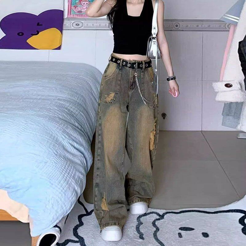 水洗设计感小众破洞牛仔裤图片