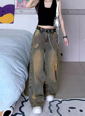 水洗设计感小众破洞牛仔裤女装蓝色美式宽松大码直筒拖地阔腿裤子