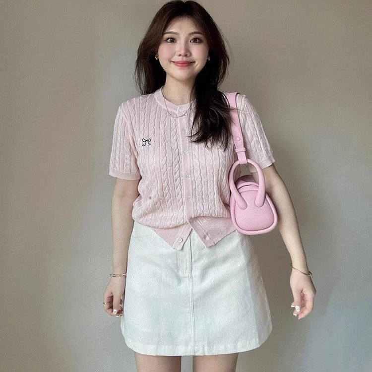 夏季短袖薄款针织开衫女粉色麻花韩系甜美蝴蝶结刺绣短款高级上衣