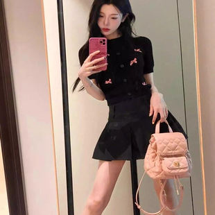 薄款设计感蝴蝶结黑色短袖针织开衫女夏季甜辣妹修身短款纯欲上衣