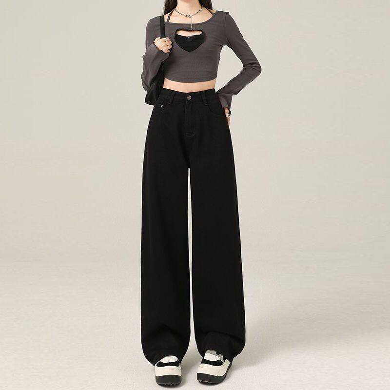 复古黑色牛仔裤女2023年新款秋冬高腰显瘦加绒宽松窄版阔腿长裤子,女装/女士精品,牛仔裤,淘宝优惠券,粉丝福利购,淘宝优惠卷