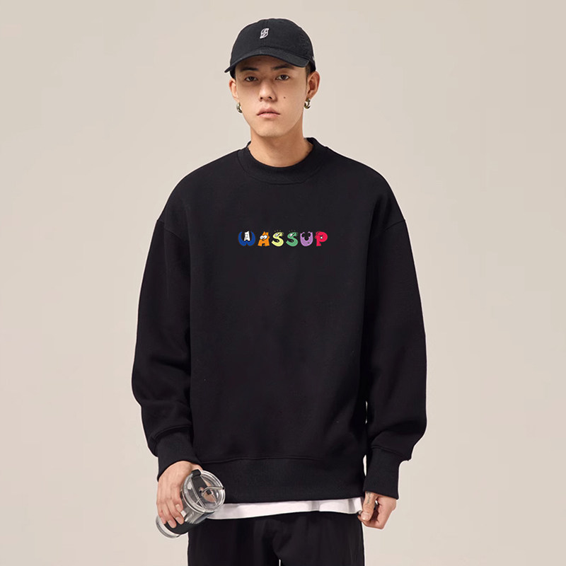 WASSUP美式简约圆领卫衣男女秋冬加绒宽松休闲潮流情侣字母款上衣