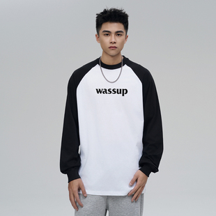 WASSUP潮牌黑白字母印花长袖 T恤男女春秋百搭打底圆领情侣上衣服