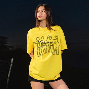 WASSUP潮牌美式幻影喷墨T恤短袖男女夏季宽松休闲黄色圆领体恤衫