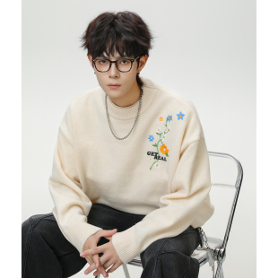 WASSUP花卉刺绣毛衣男女款春秋季圆领针织衫潮流百搭休闲毛线衣服