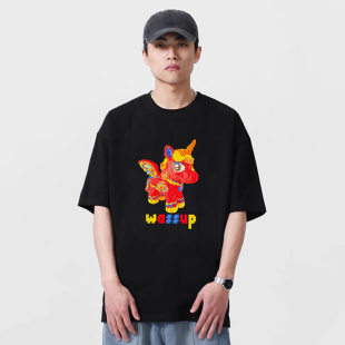 宽松情侣圆领半袖 2026新款 上衣 T恤男夏季 WASSUP马年系列国潮短袖