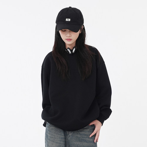 WASSUP美式重磅黑色圆领卫衣男女