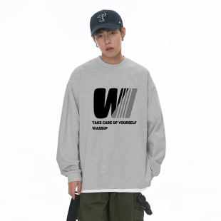 宽松百搭休闲情侣套头打底上衣 T恤男秋季 WASSUP美式 字母潮牌长袖