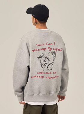 WASSUP美式重磅灰色卫衣男秋冬新款宽松休闲情侣潮流百搭圆领上衣