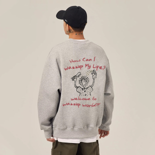 WASSUP美式 宽松休闲情侣潮流百搭圆领上衣 重磅灰色卫衣男秋冬新款