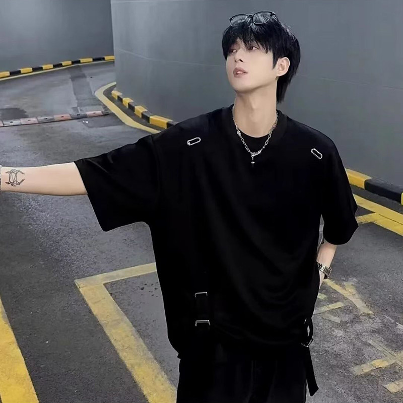 WASSUP小众设计感绑带T恤短袖夏季男女装潮流宽松短袖五分袖上衣